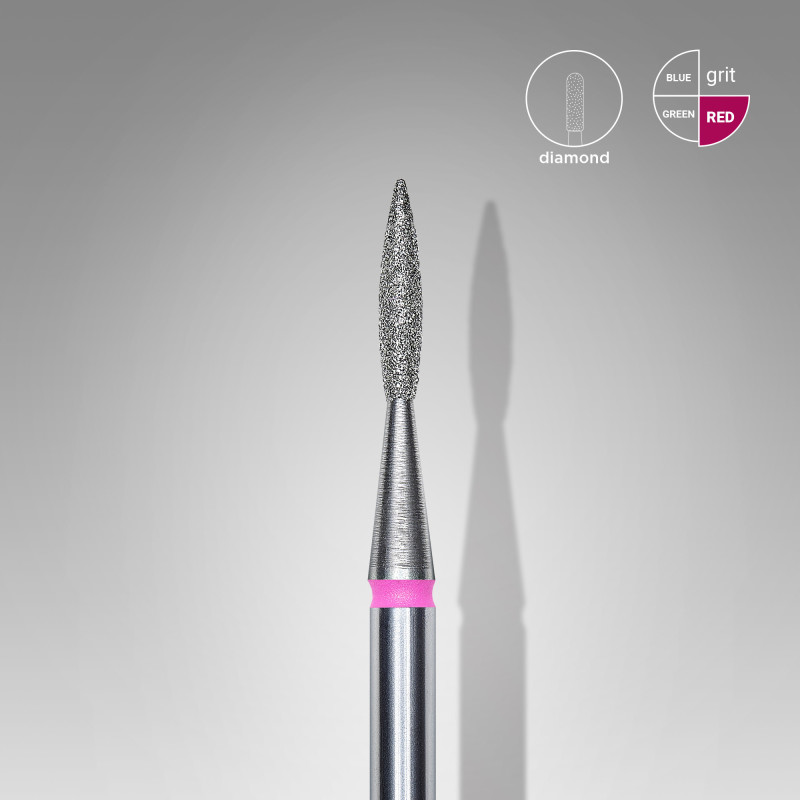 Diamond nail drill bit, pointed “flame” Staleks, red, head diameter 1.6 mm/ working part 8 mm