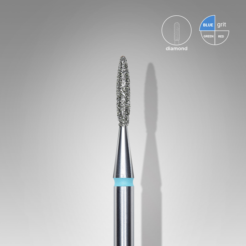 Diamond nail drill bit, pointed “flame”, blue, head diameter 1.6 mm/ working part 8 mm