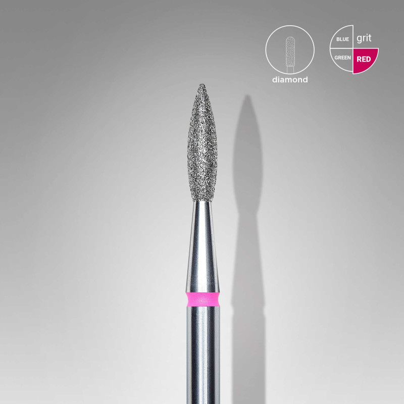 Diamond nail drill bit, pointed “flame” Staleks, red, head diameter 2.1 mm/ working part 8 mm